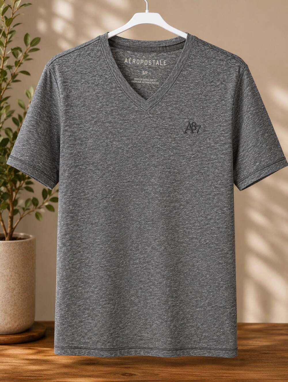 Aeropostale Men's Grey Heathered Short Sleeve V-Neck T-Shirt with A87 Logo